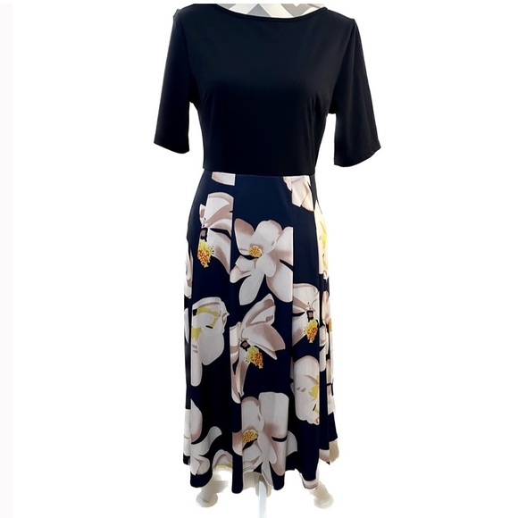 Beautiful navy blue dress with floral skirt and orange sash tie back zip large - Picture 6 of 13
